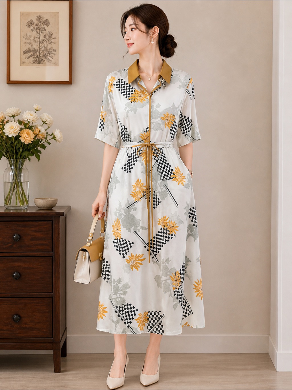 Floral Print Tie-Waist Shirt Dress In Mustard & Ivory